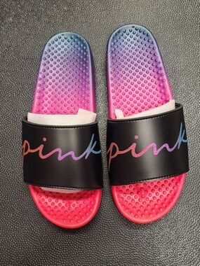 SZ SMALL 5/6 VS PINK RAINBOW OMBRE SCRIPT SLIDES SANDALS